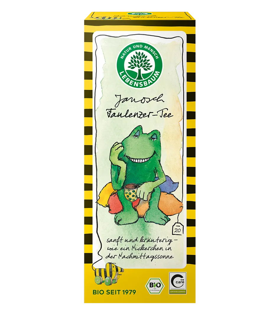 Lebensbaum Janosch Fäulenzer-Tee, Bio-Packung mit gelbem Rand und grünem Laubenfrosch-Motiv, 20 Teebeutel