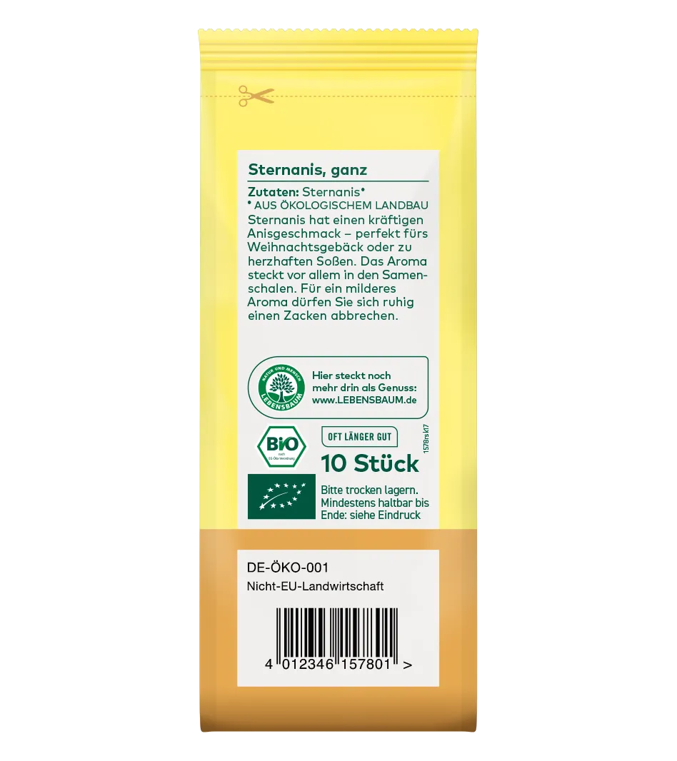 Bio Sternanis, ganz, 10 Stück in gelber Verpackung mit braunem Boden und Bio-Siegel sowie EU-Öko-Zertifikat