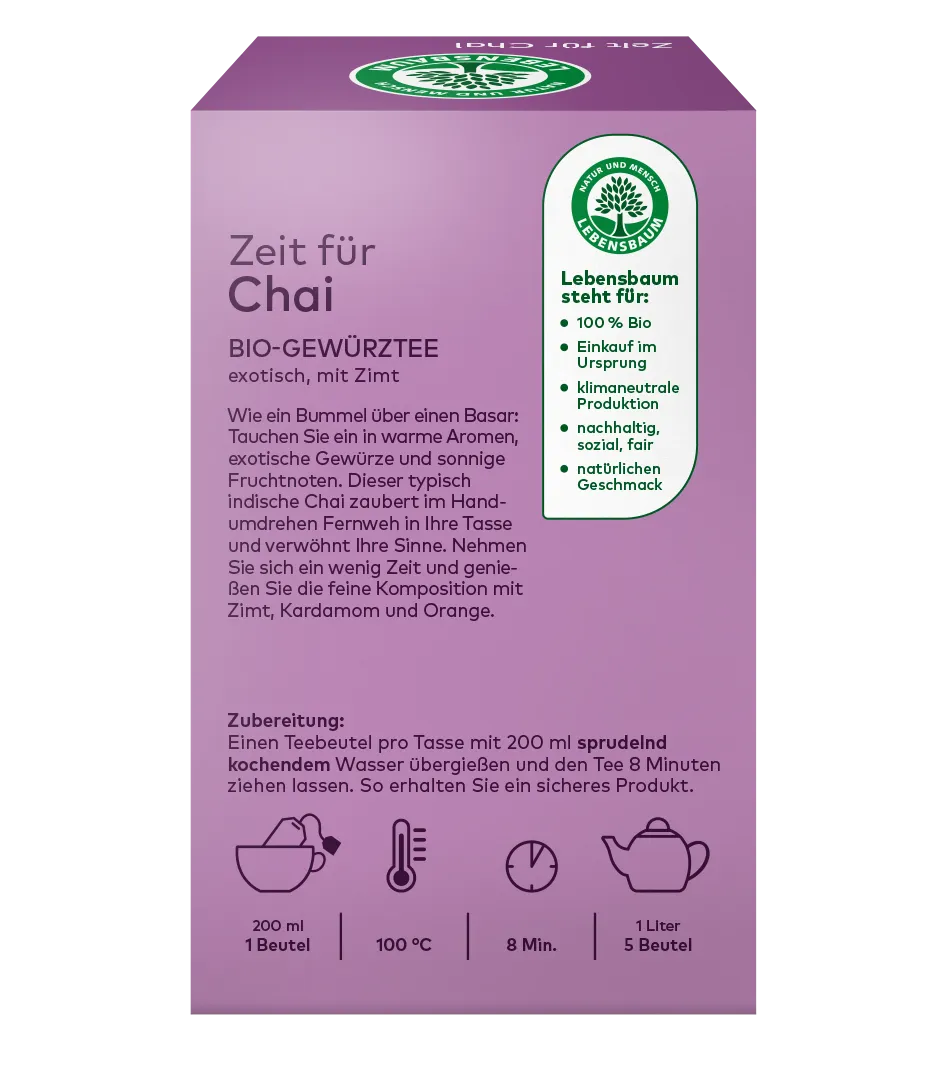 Zeit für Chai Bio-Gewürztee mit Zimt von Lebensbaum in lila Verpackung mit Zubereitungsanleitung und Zertifizierungsbadge