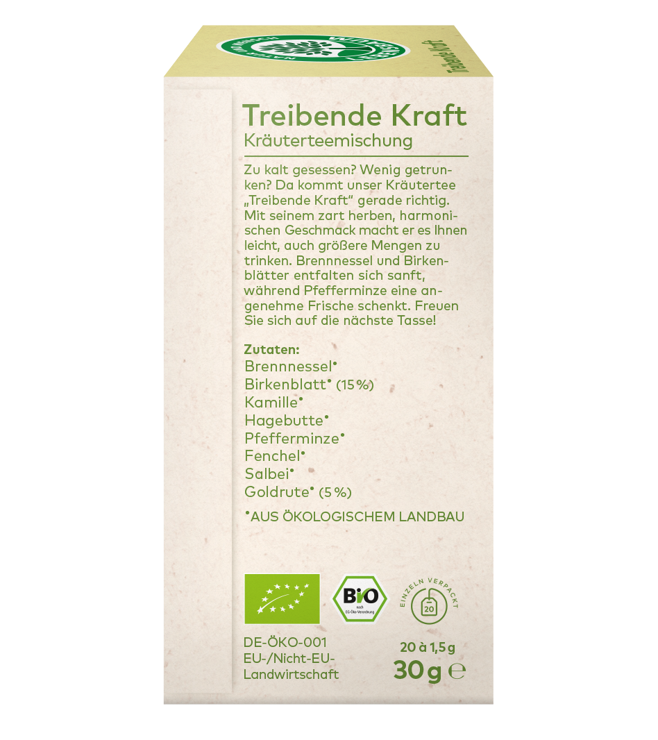 linke Seite Verpackung einer Kräuterteemischung ,,Treibende Kraft " mit Zutatenangaben und Bio-Siegeln 