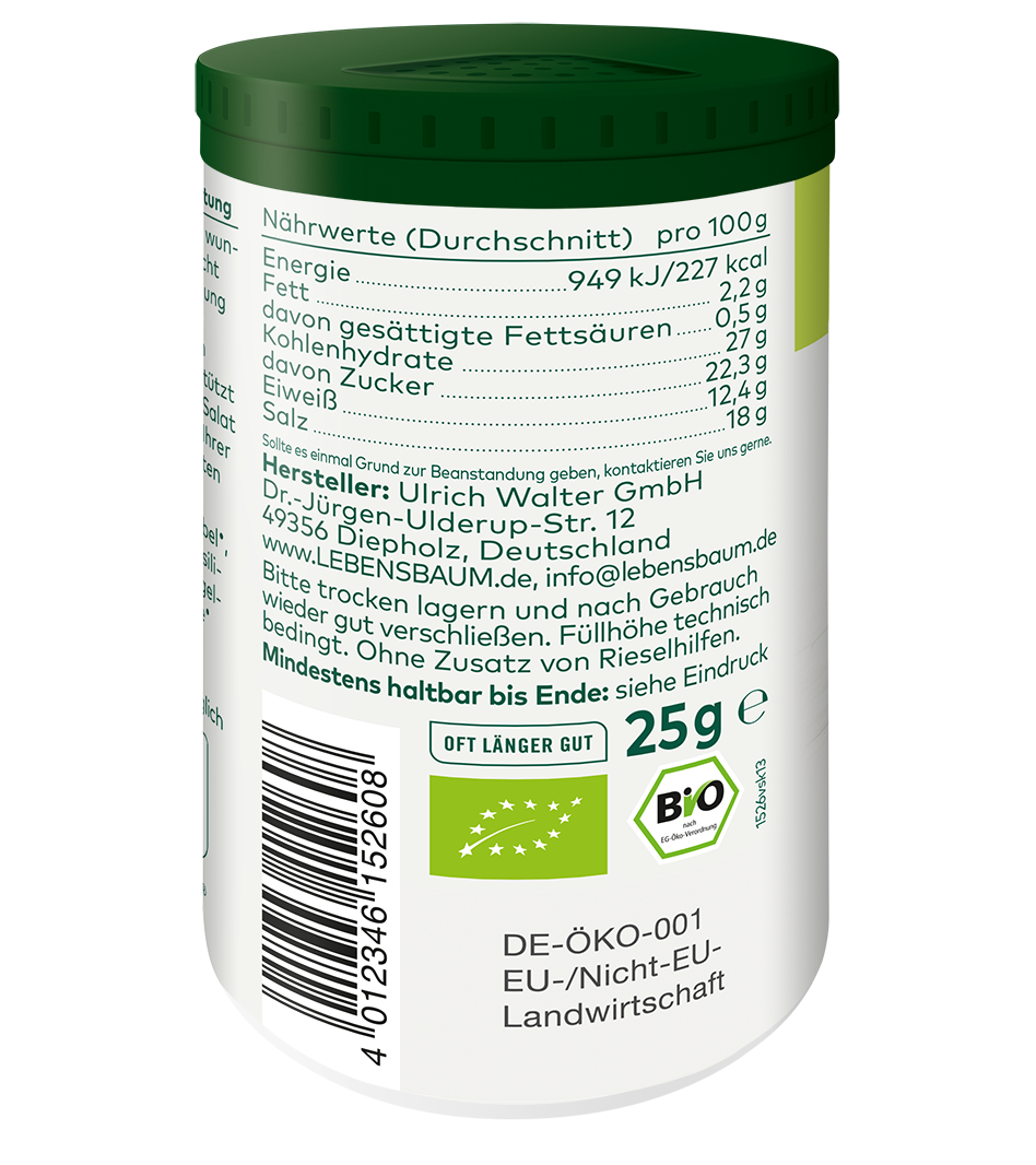 Bio-Kräuterblüten Topping in grünem Streudose, Nährwertangaben und DE-ÖKO-001 Zertifikat sichtbar