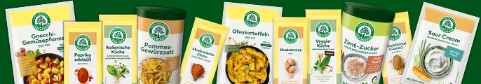 Promotionsbanner mit fünf Gewürzpackungen auf grünem Hintergrund
