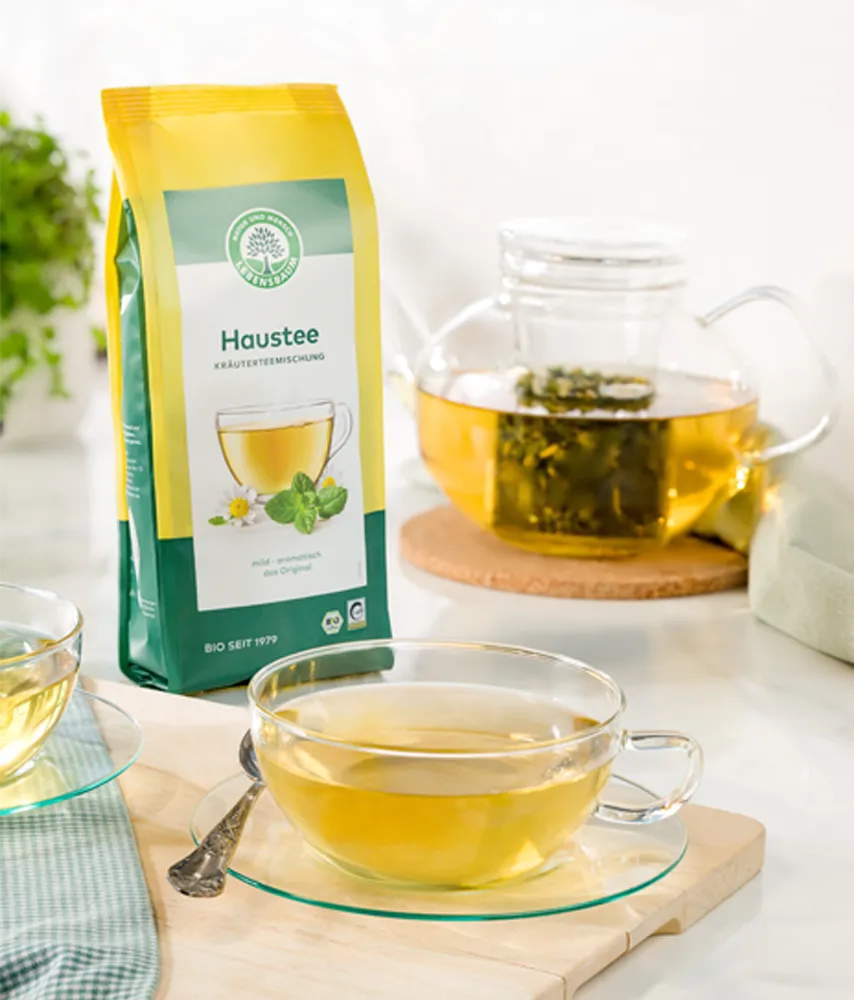 Packung Lebensbaum Haustee steht neben einer Teekanne mit aufgebrühtem Kräutertee und zwei Glastassen auf einem hellen Tisch