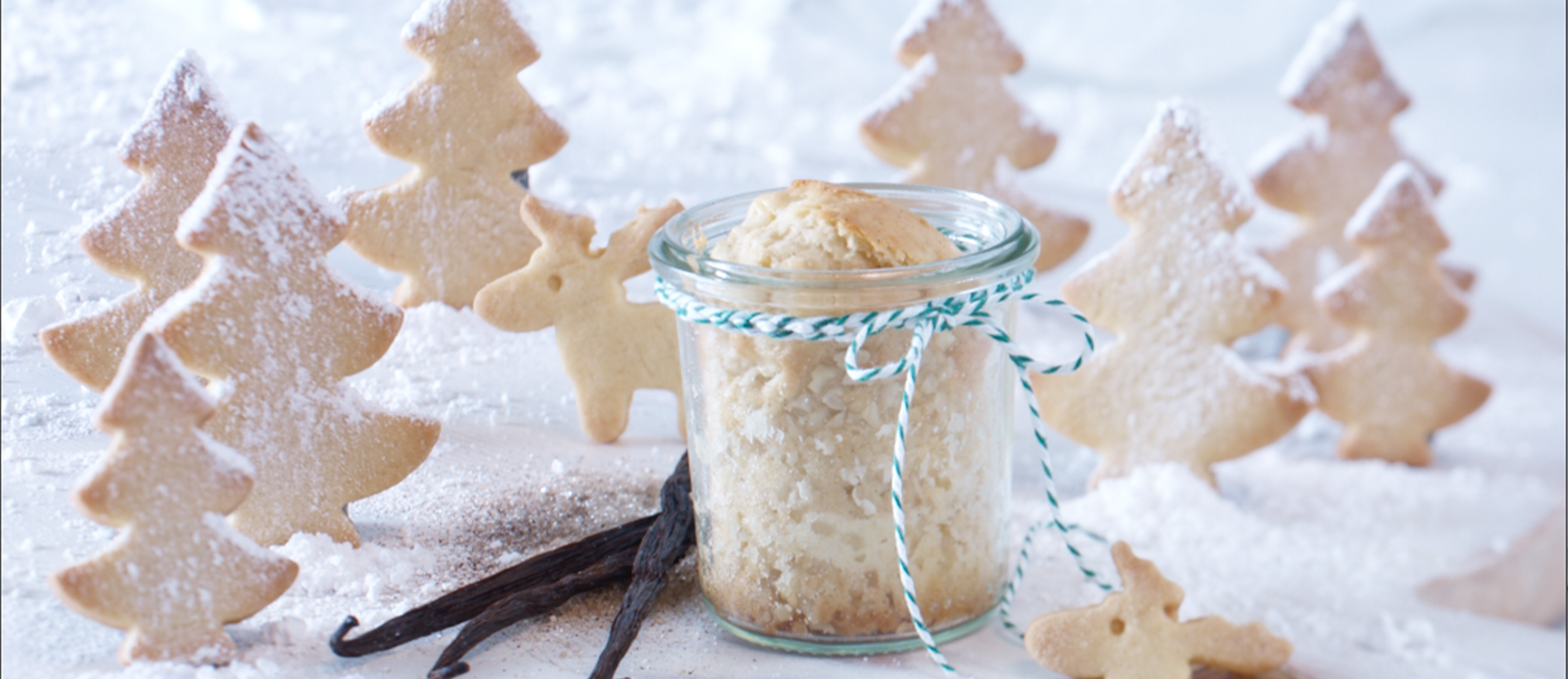 Weihnachtsplätzchen in Tannenbaum- und Elchform, dazu ein Glas mit Gebäck und Vanilleschoten