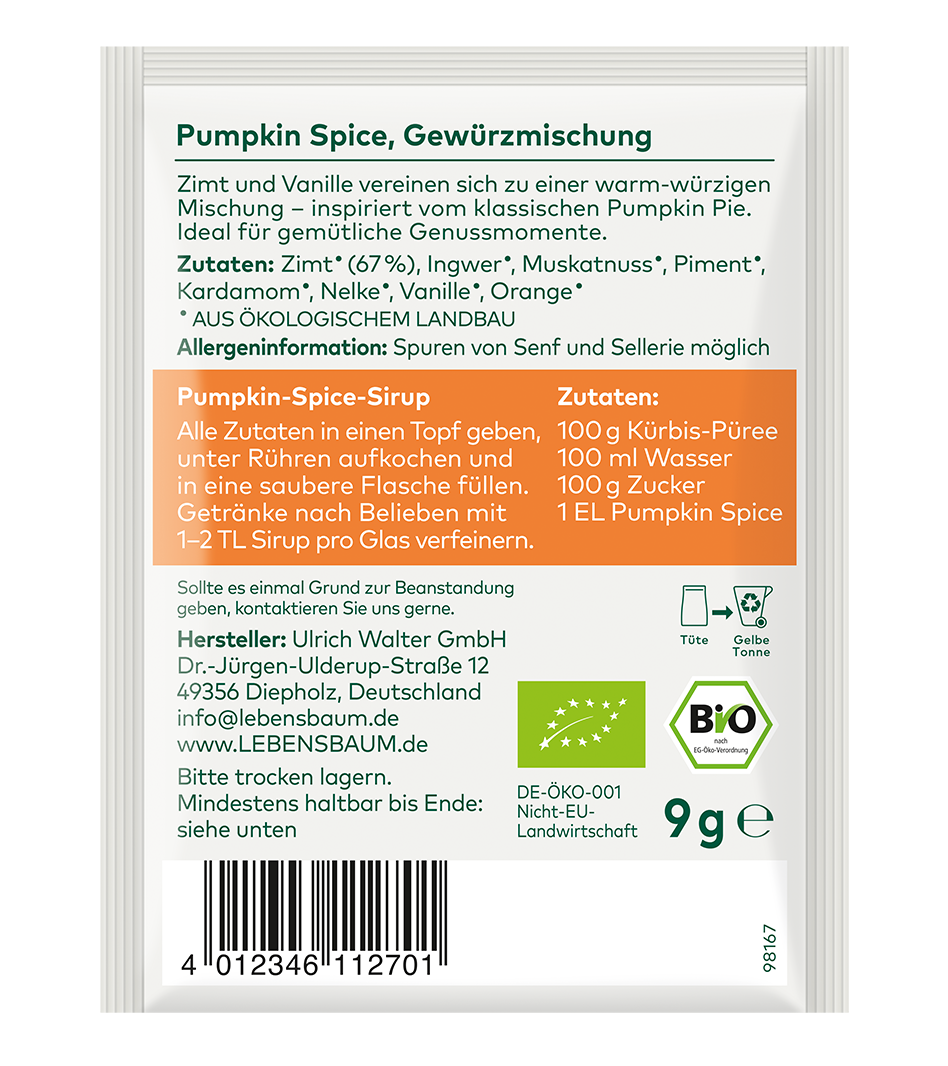 Bio  Pumpkin Spice  Gewürzmischung, 9 g, aus ökologischem Anbau, mit Öko-Siegel und Allergeninformation.