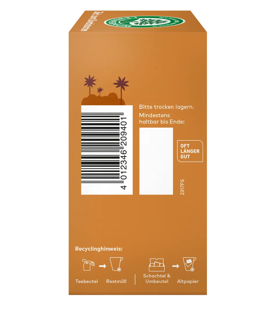 Rechtseite einer Teeverpackung mit Barcode, Lagerhinweisen und Recyclinghinweisen