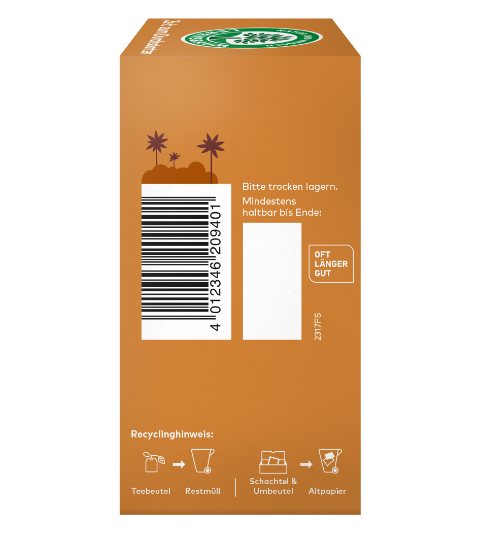 Rechtseite einer Teeverpackung mit Barcode, Lagerhinweisen und Recyclinghinweisen