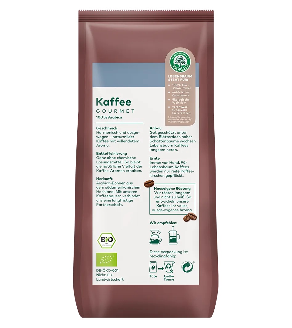 Lebensbaum Gourmet Kaffee, 100% Arabica, entcoffiniert, gemahlene Bohnen in bordeauxroter Packung mit Bio-Siegel und Lebensbaum-Logo.