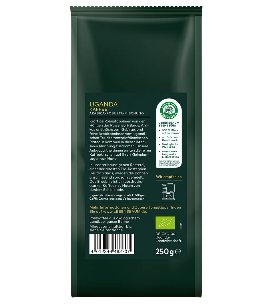 Uganda Kaffee, Arabica-Robusta-Mischung, 250g Packung, Bio-zertifiziert, grüne Verpackung mit Lebensbaum-Logo