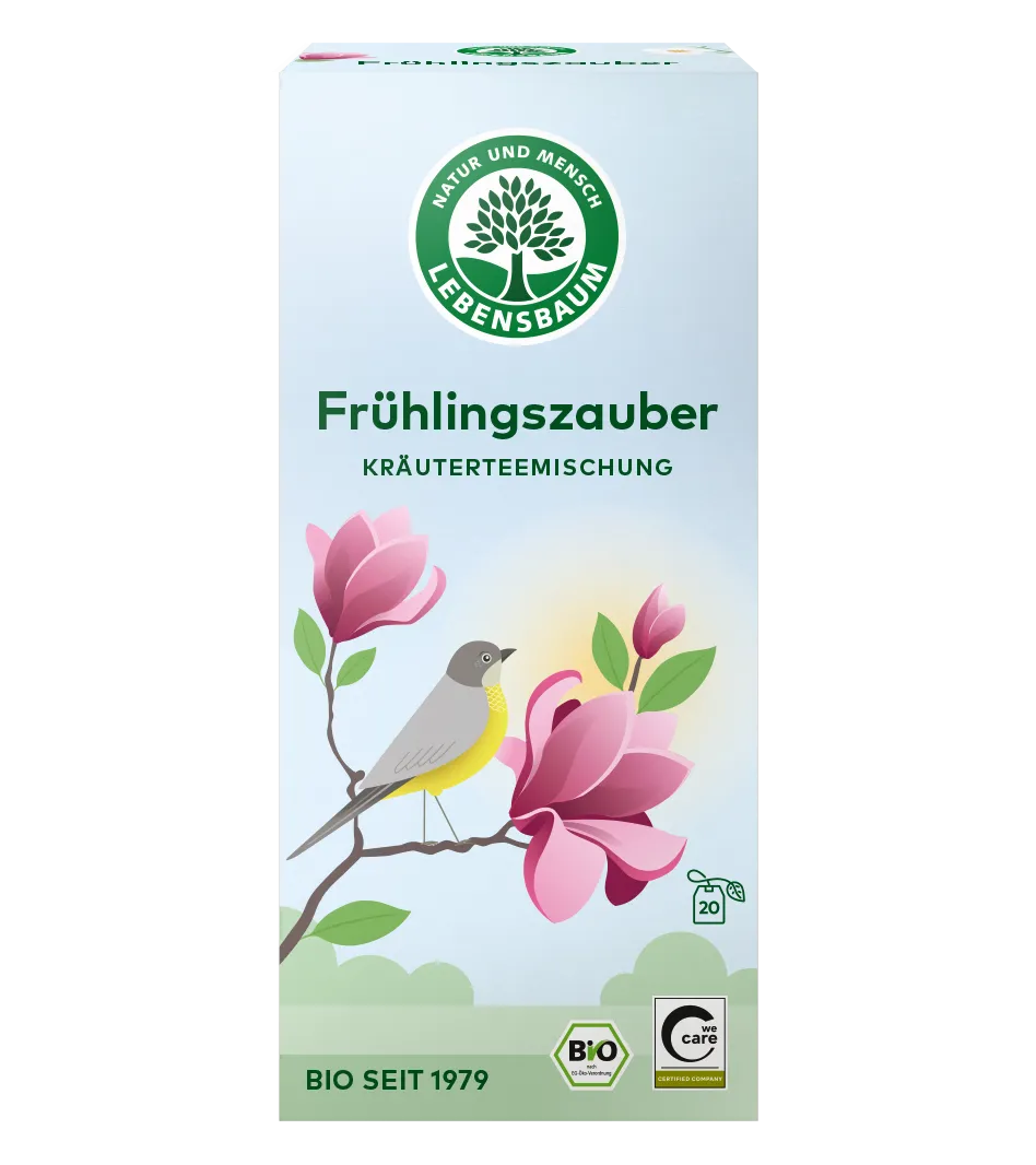 Lebensbaum Früchlingszauber Kräuterteemischung Bio, helle Packung mit rosa Magnolienblüten und Vogel, 20 Teebeutel