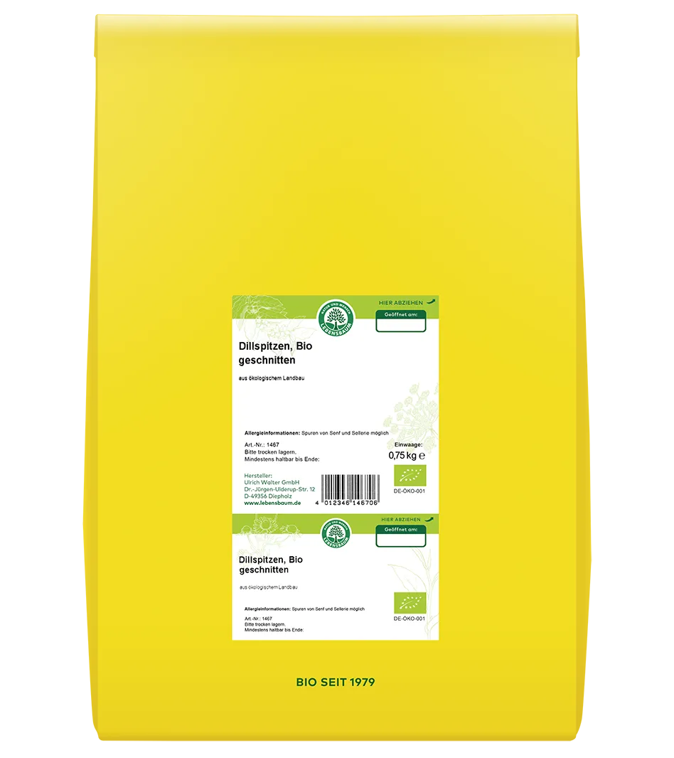 Bio Dillspitzen geschnitten in gelber 0,75 kg Großpackung mit grünem Bio-Siegel und "Bio seit 1979" Kennzeichnung.