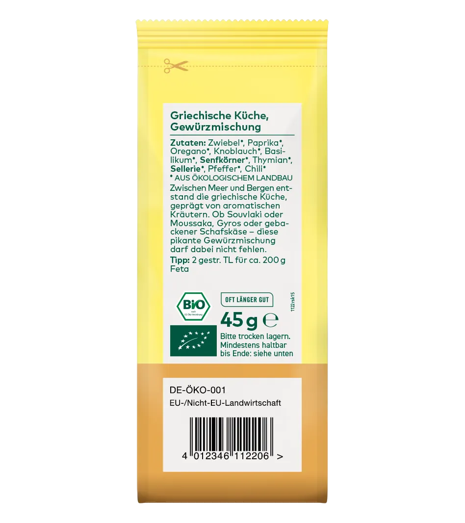 Bio-Gewürzmischung Griechische Küche, 45g, gelbe Verpackung mit braunem unteren Bereich, Zutatenliste und EU-Bio-Siegel