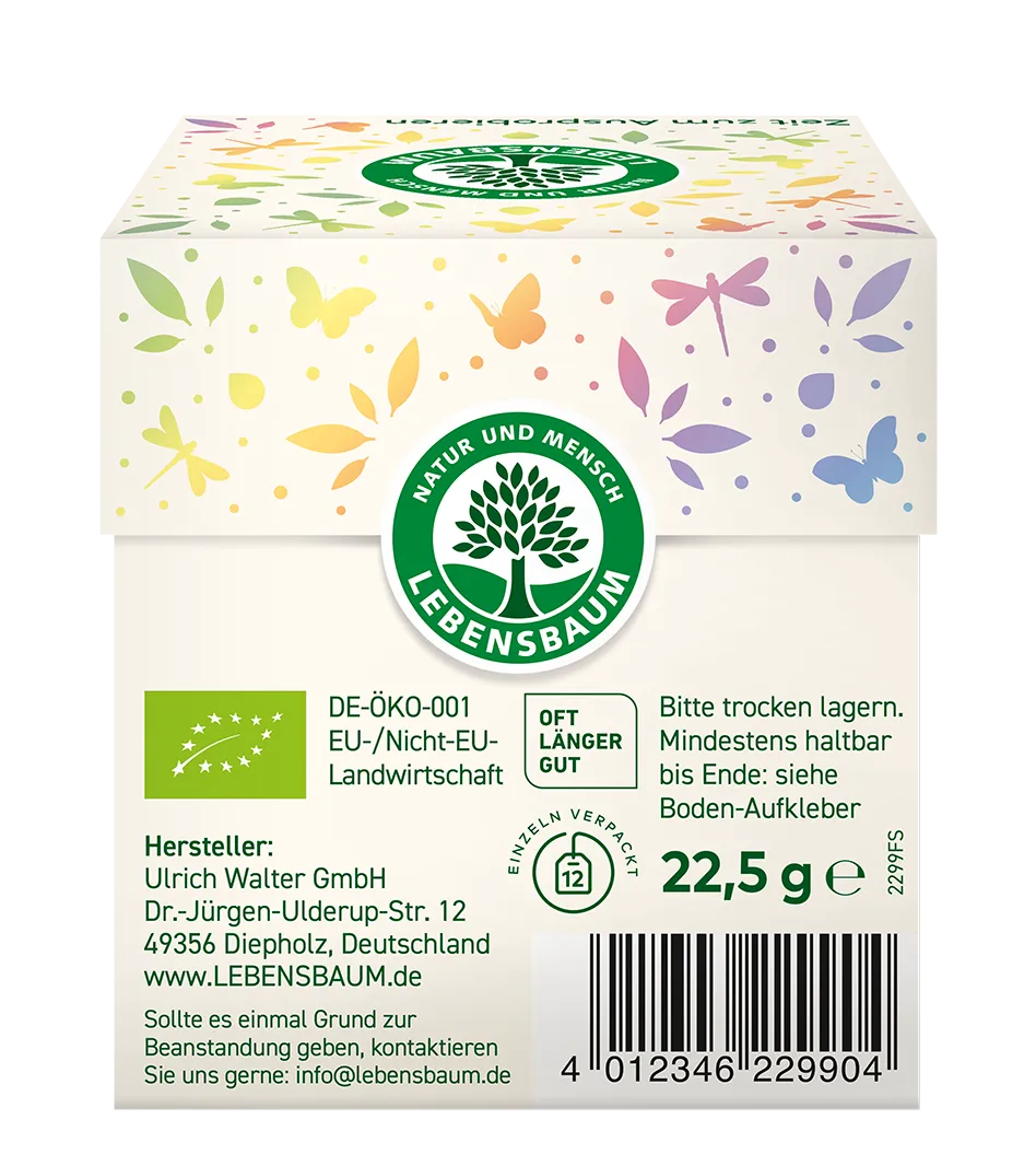 Lebensbaum Bio-Tee Mischbox 22,5g mit buntem Design, Schmetterlinge und Blüten, grünes Logo, DE-ÖKO-001 Zertifikat