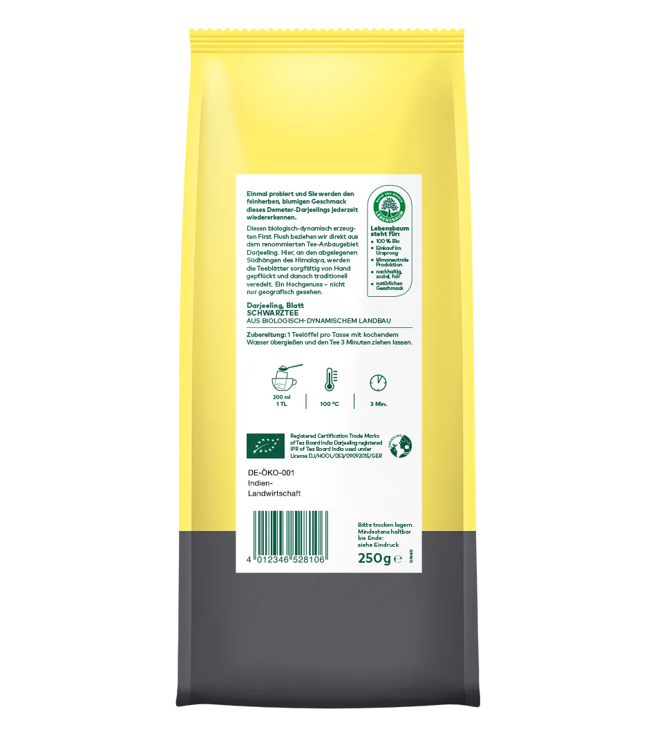 Darjeeling Blatt Schwarztee, 250g Packung in Gelb-Grau, Bio-Zertifikat, aus biologisch-dynamischem Anbau in Indien