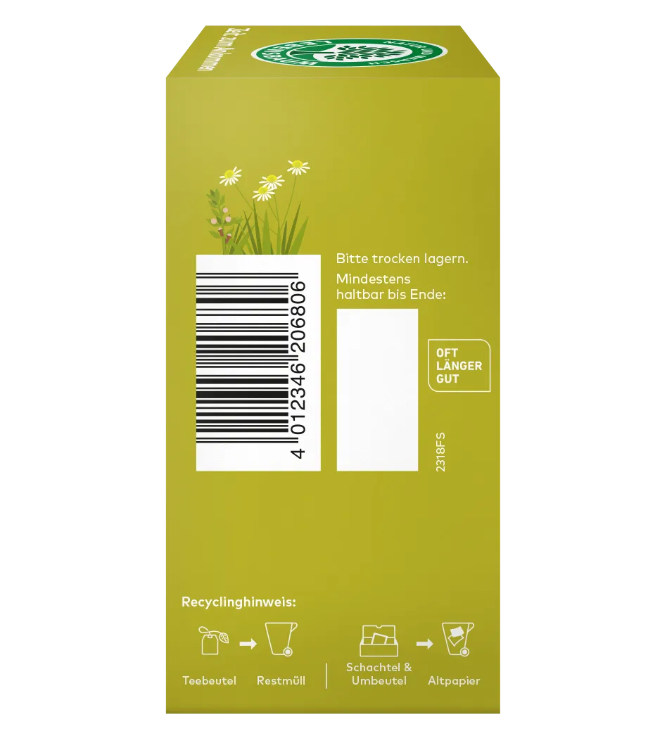 Rechtseite einer Teeverpackung mit Barcode, Lagerhinweisen und Recyclinghinweisen