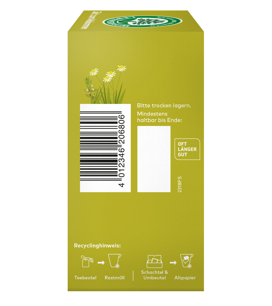 Rechtseite einer Teeverpackung mit Barcode, Lagerhinweisen und Recyclinghinweisen