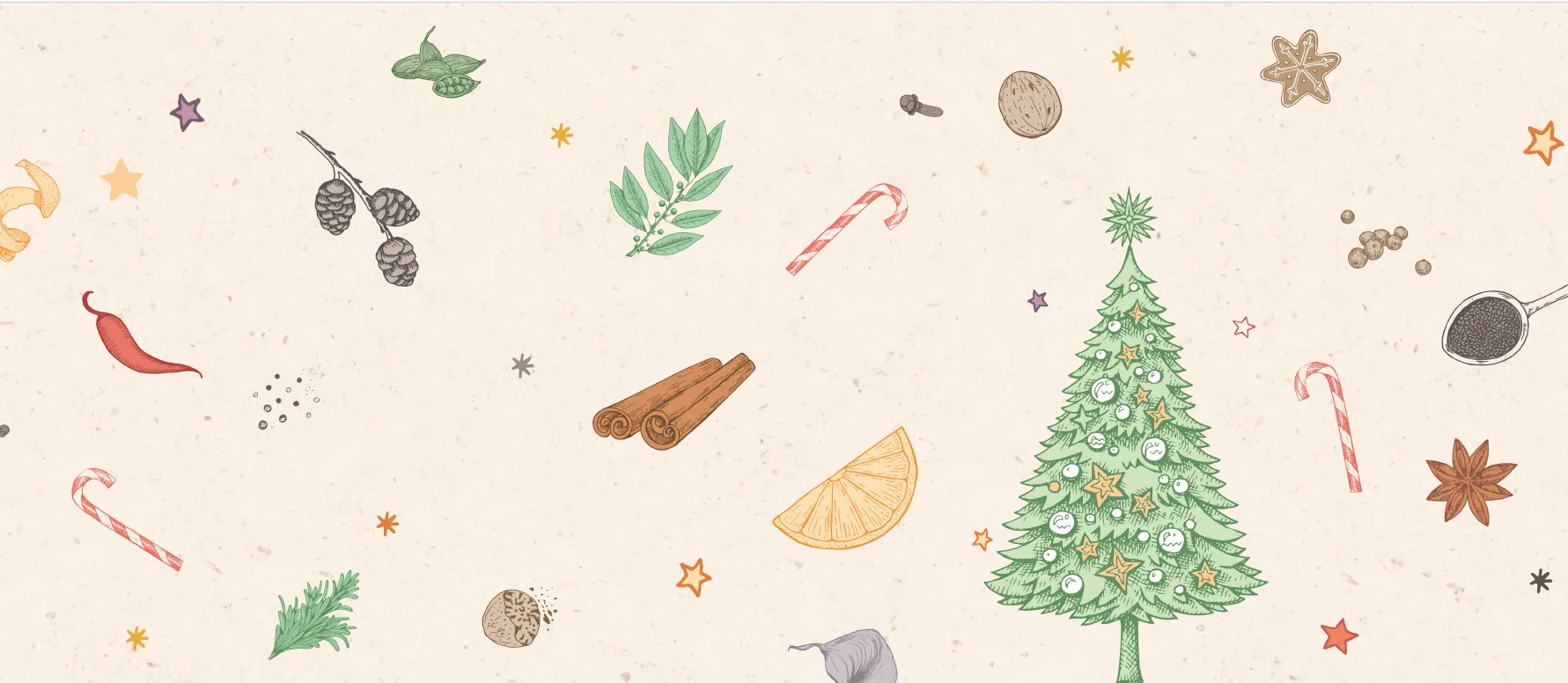Weihnachtliche Illustration mit Tannenbaum, Zimtstangen, Sternanis, Zitronenscheibe, Pfefferkörner, Zuckerstangen und Gewürzen um festlichen Adventskalender-Hintergrund.