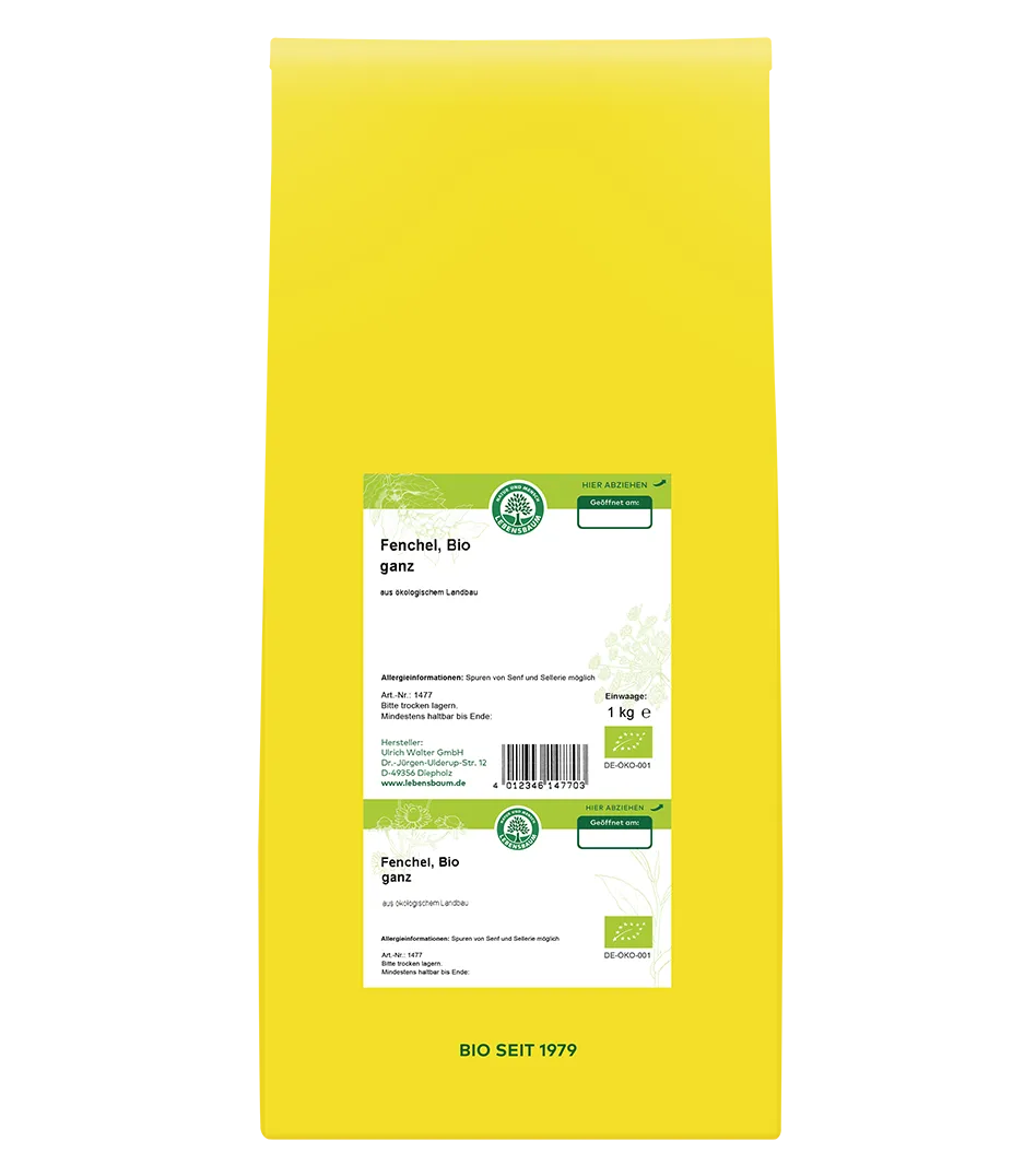 Bio Fenchel ganz 1 kg, Verpackung in Gelb mit Bio-Zertifikat und Herstellerangaben, aus ökologischem Landbau