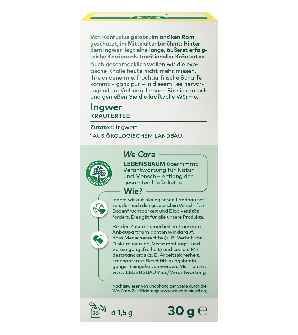 Ingwer Kräutertee, 30g Packung, Bio-Qualität, mit fruchtiger Würze und Lebensbaum We-Care-Zertifikat