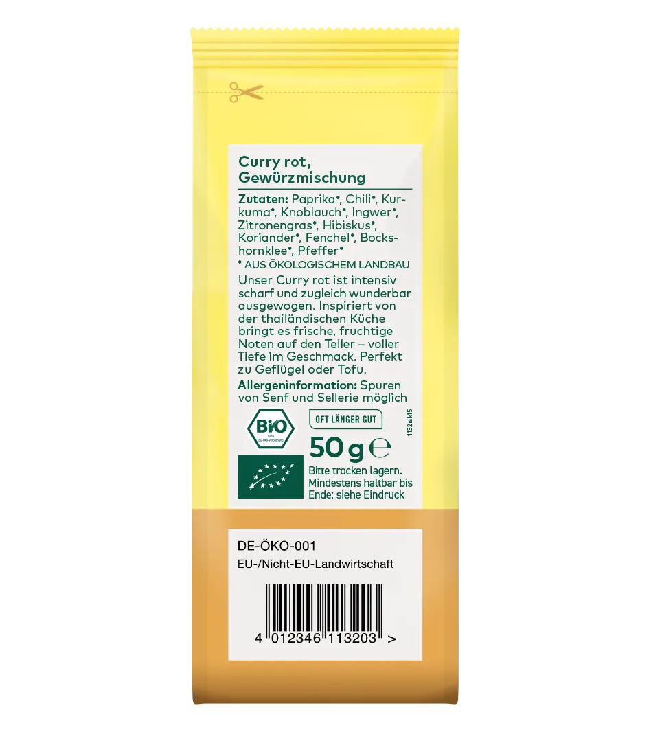Bio Curry rot Gewürzmischung, 50g Packung gelb-braun mit Paprika, Chili, Kurkuma und weiteren Zutaten aus ökologischem Landbau