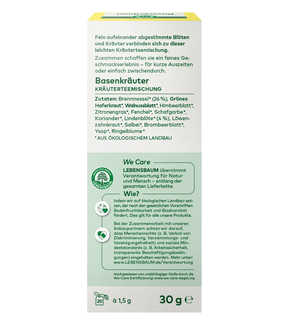 Basenkräuter Kräuterteemischung Bio, 30g Packung mit Brennnessel, Hafergrün und Himbeerblatt, Zubereitung 100°C, 8 Minuten.
