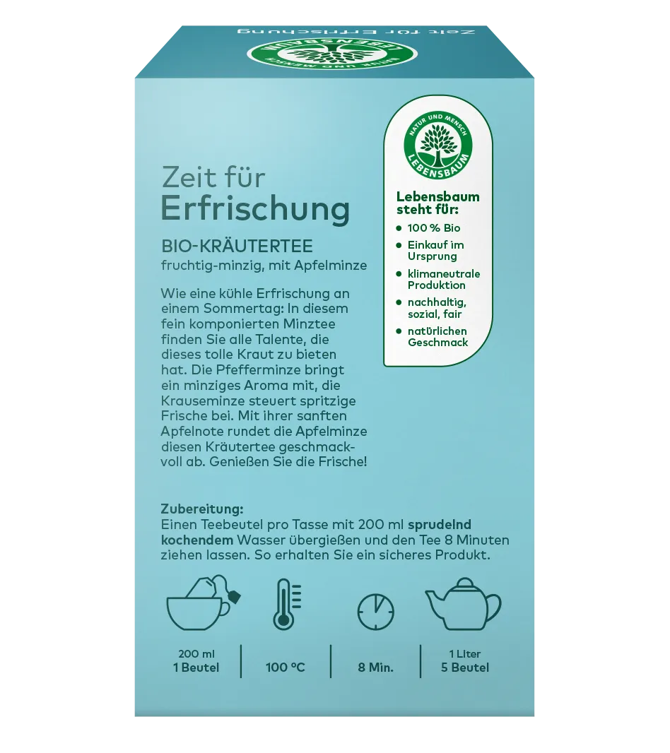 Lebensbaum Bio-Kräutertee "Zeit für Erfrischung" in hellblauer Verpackung mit Apfelminze und Pfefferminze, 100% Bio, klimaneutrale Produktion.
