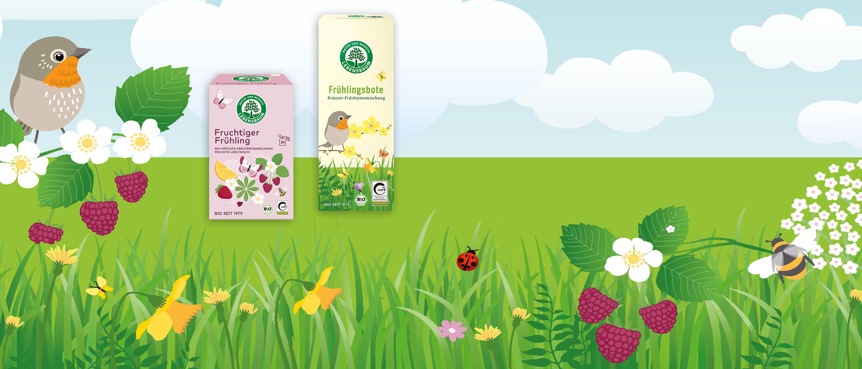 Drei Packungen Frühlingstee vor einer bunten Frühlingswiese mit Illustrationen von Beeren, Blumen, Vögeln und Insekten