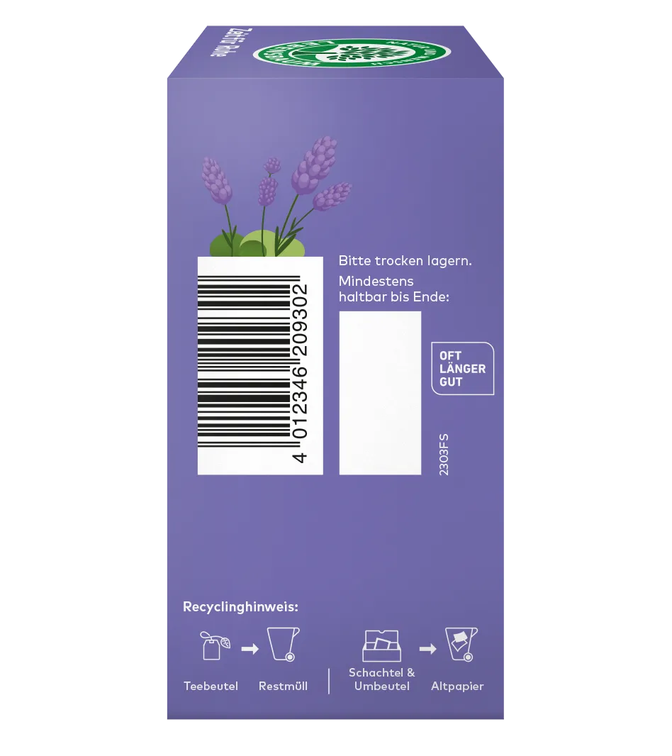 rechtseite der lila Verpackung des Bio Kräutertees ,,Zeit für Rühe" mit Lavendelblüten, Barcode, Lagerhinweisen und Recyclinghinweisen.