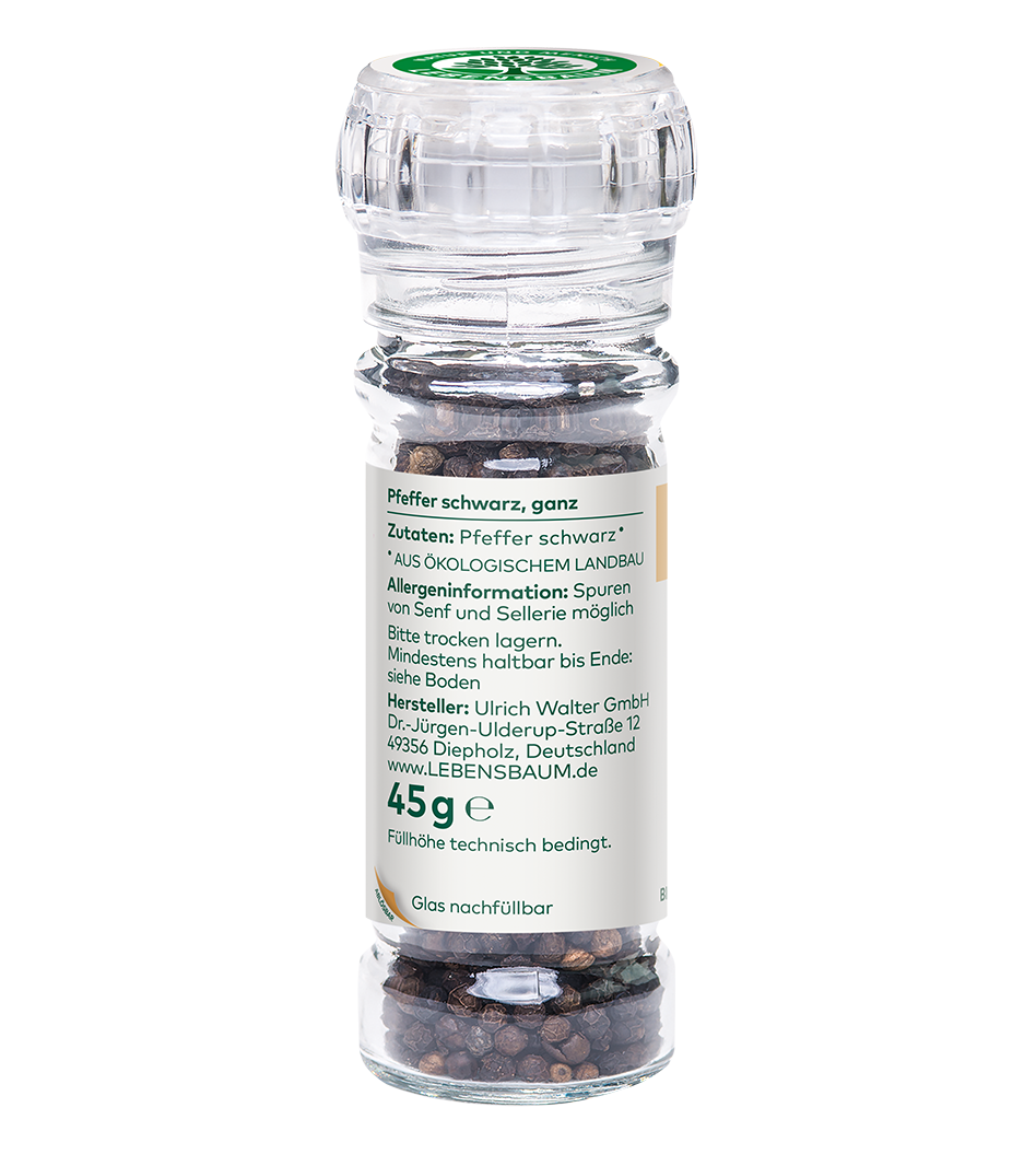 Bio-Schwarzpfeffer ganz in Glasmühle, 45g, aus ökologischem Anbau mit grüner Kappe und Etikett