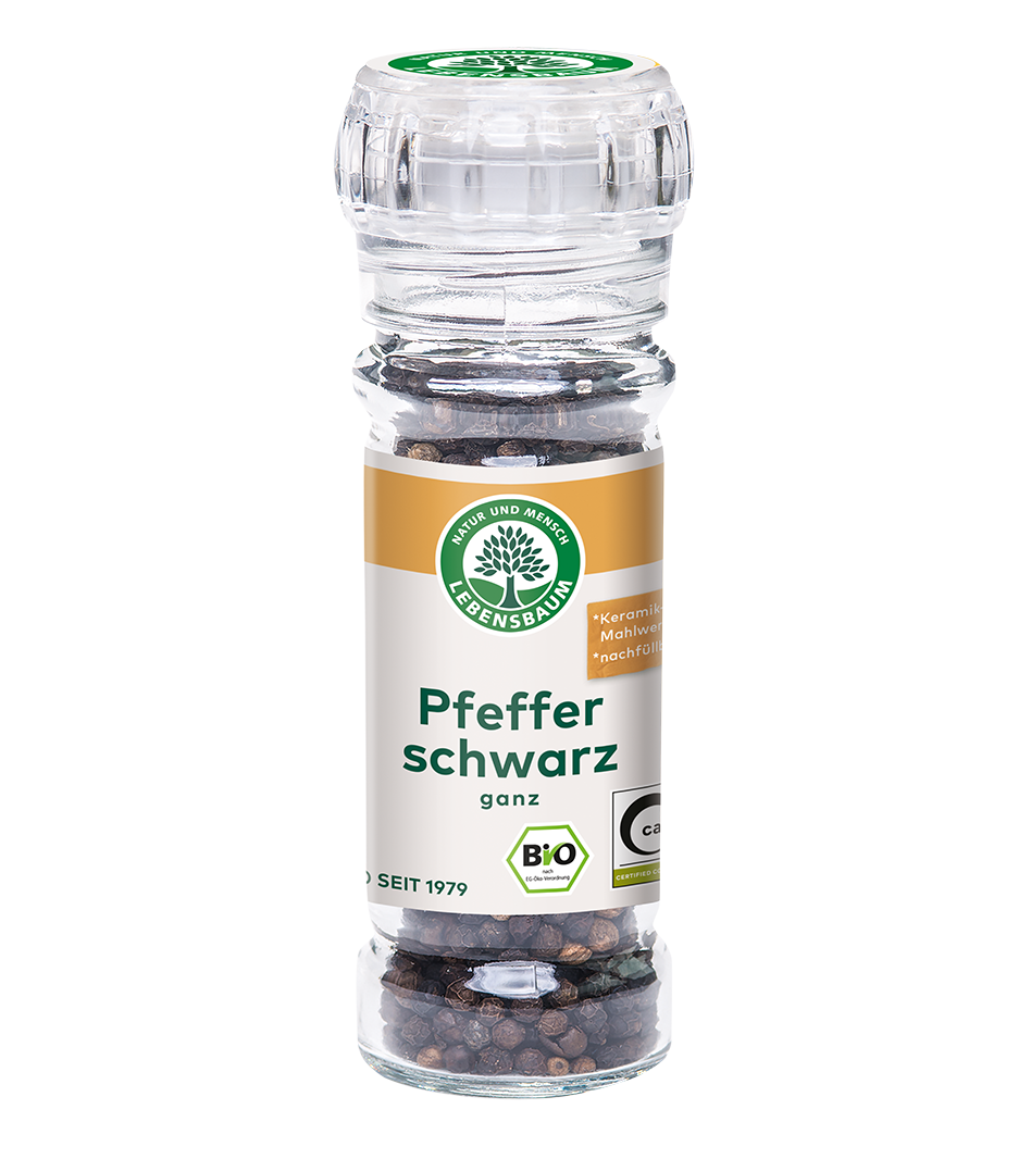 Schwarzer Pfeffer, ganz, in der Mühle Bio Pfeffer schwarz Mühle Gewürz