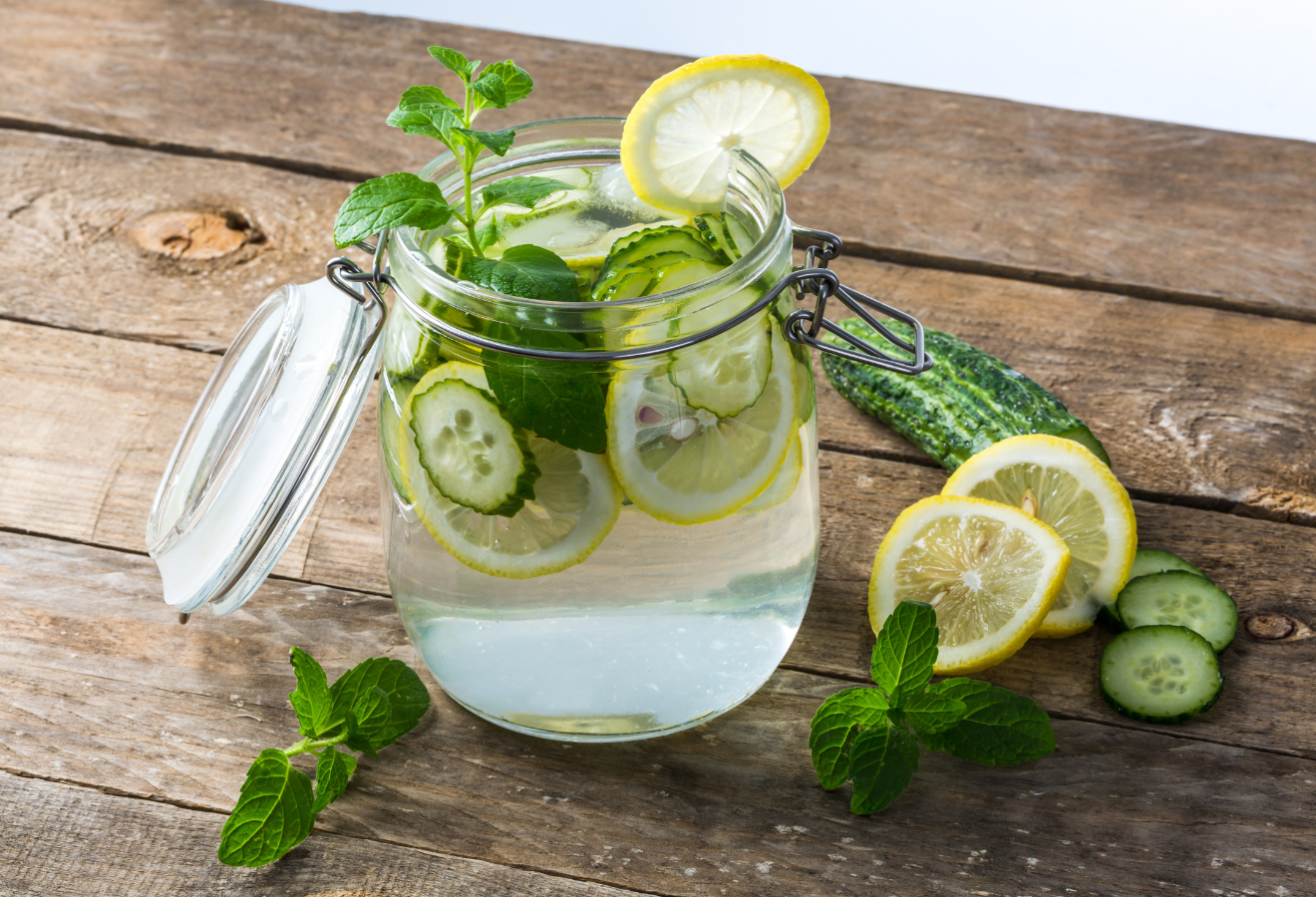 Wellness-bowle mit Gurken- und Zitronenscheiben und Minzblättern in einem Glas