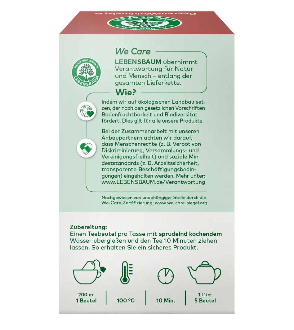 Lebensbaum Teeverpackung mit We-Care-Zertifizierung, Zubereitunsanleitung für Beeren-Waldmeister-Tee: 200ml pro Beutel, 100°C, 10 Minuten