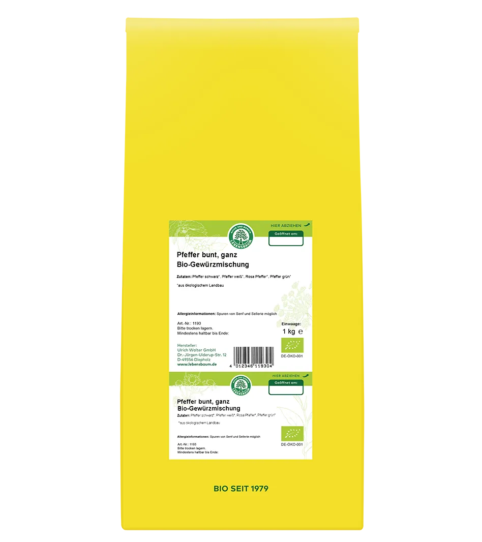 Pfeffer bunt Bio-Gewürzmischung 1 kg Packung gelb mit grünem Etikett, Öko-Zertifikat, Lebensbaum-Logo