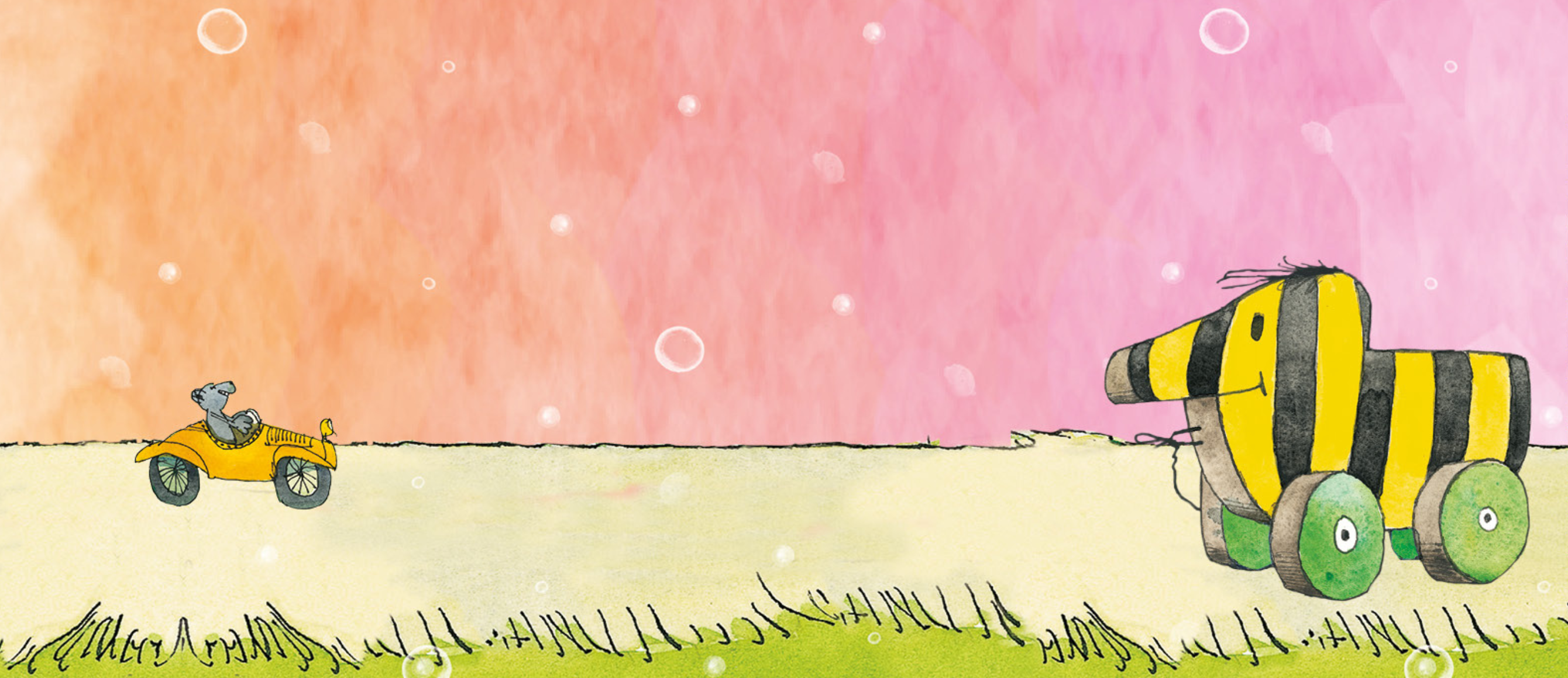 Illustration mit kleinem Auto und Maus auf einer Wiese, gegenüber die Tigerente