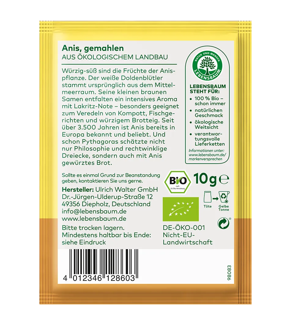 Bio-Anis gemahlen, 10g Sachtel von Lebensbaum, gelbe Verpackung mit Bio-Zertifikat und Produktinformation.