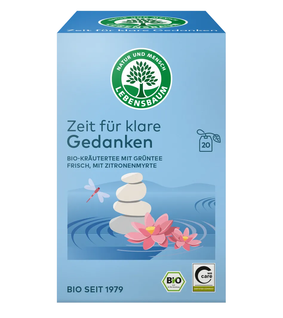 Lebensbaum Tee-Box "Zeit für klare Gedanken" mit Bio-Kräutertee, Grüntee und Zitronenmyrte, 20 Teebeutel, helles Blau, Zen-Illustration mit Steinen und Lotusblüten