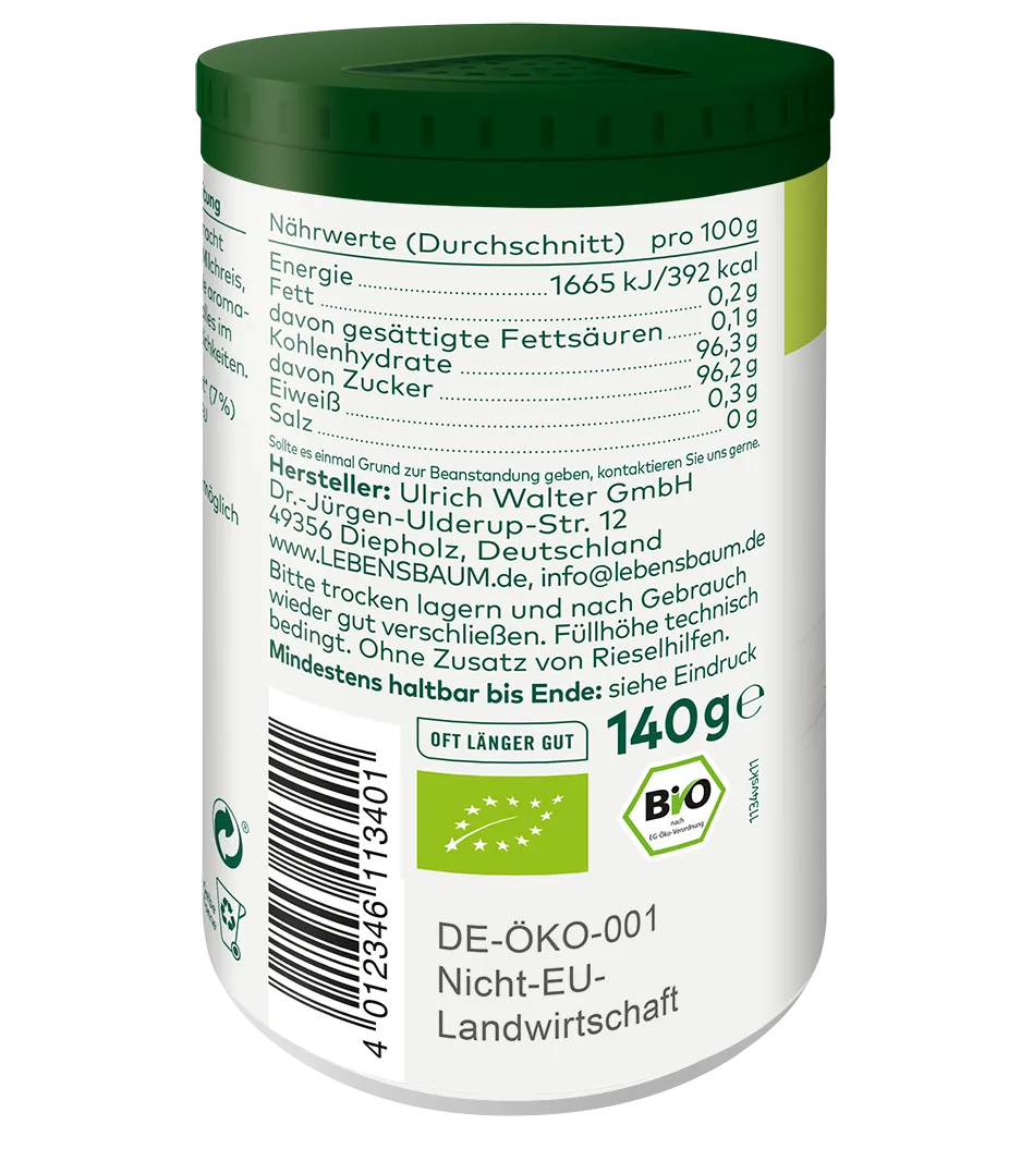 Bio-Zimt Topping in weißer Dose mit grünem Deckel, 140g, Nährwertangaben sichtbar, DE-ÖKO-001 Zertifikat