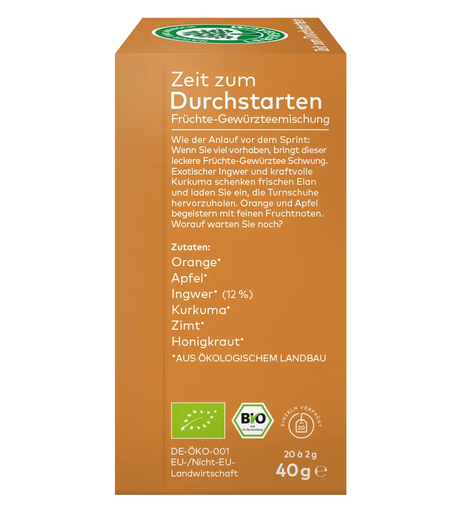 linke Seite Verpackung einer Früchte Gewürzteemischung ,,Zeit zum Durchstarten" mit Zutatenangaben und Bio-Siegeln 