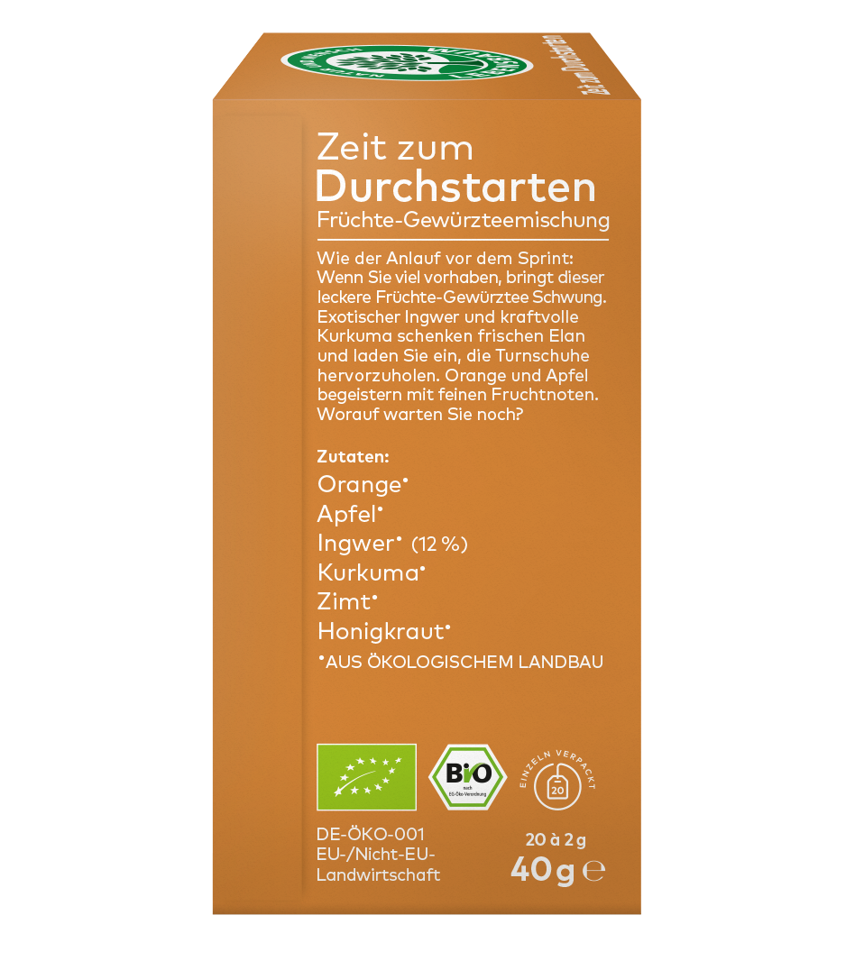 linke Seite Verpackung einer Früchte Gewürzteemischung ,,Zeit zum Durchstarten" mit Zutatenangaben und Bio-Siegeln 