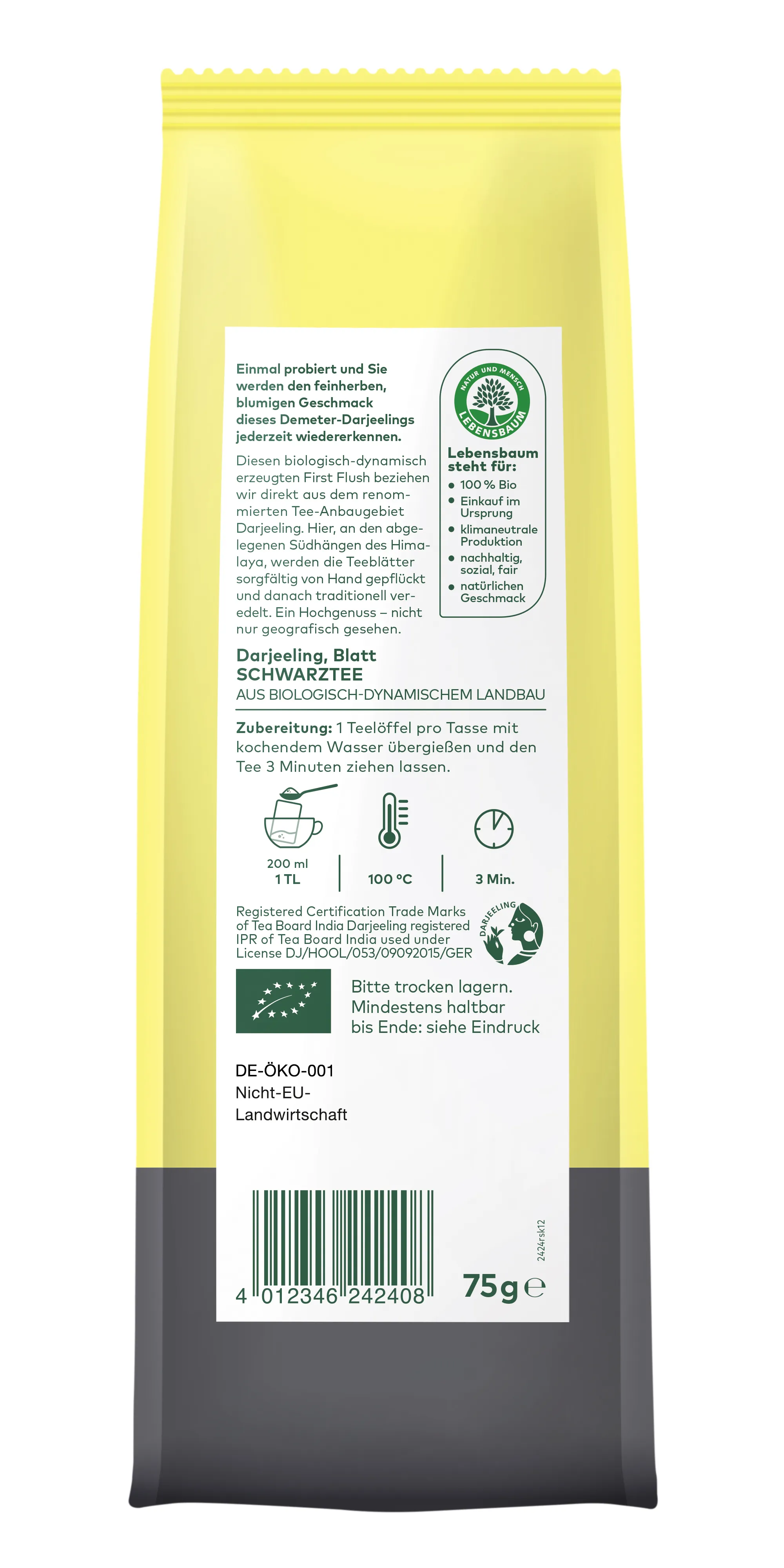Bio Darjeeling Schwarztee Blatt lose Rückseite