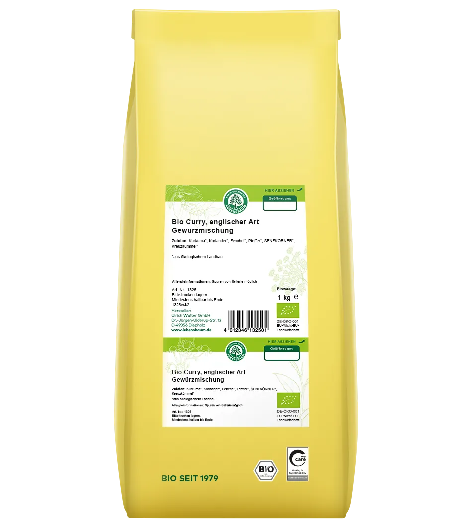 Bio Curry englischer Art Gewürzmischung, 1 kg Packung in Gelb mit Bio-Zertifikat und Zutatenliste