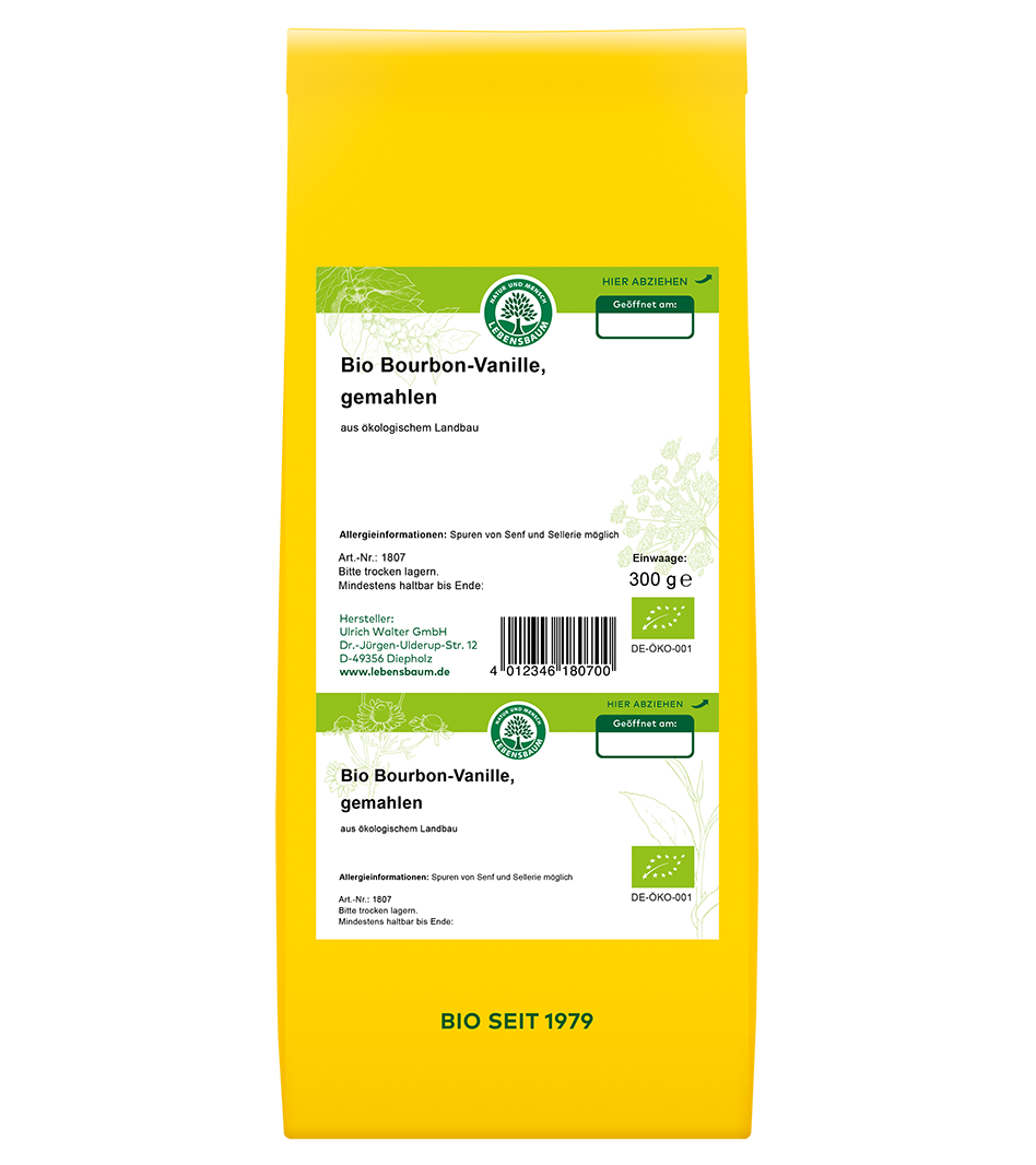 Bio Bourbon-Vanille gemahlene 300g in gelber Papierverpackung mit grünem Bio-Siegel und Etikett, aus ökologischem Anbau.