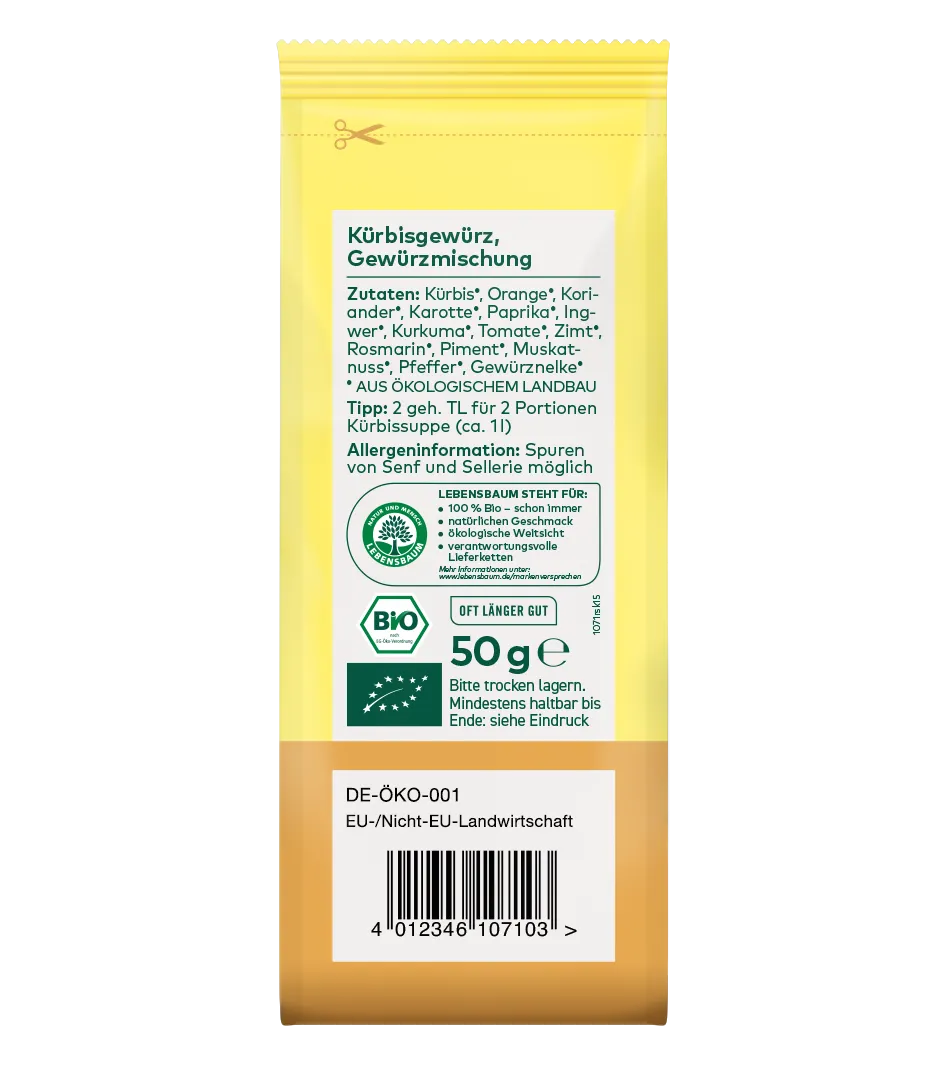 Kürbisgewürz-Gewürzmischung Bio, 50g Packung in Gelb mit Zutatenliste, Bio-Siegel und Öko-Zertifikat