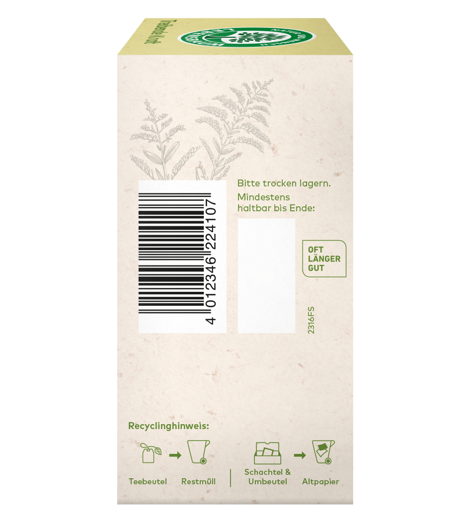 Rechtseite einer Teeverpackung mit Barcode, Lagerhinweisen und Recyclinghinweisen