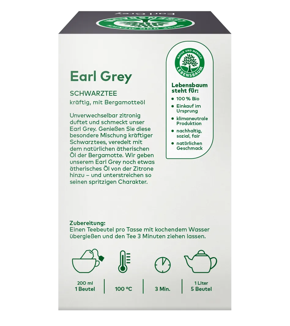 Earl Grey Bio-Schwarztee mit Bergamotteöl in cremefarbener Verpackung mit grünem Lebensbaum-Logo und Zubereitung.
