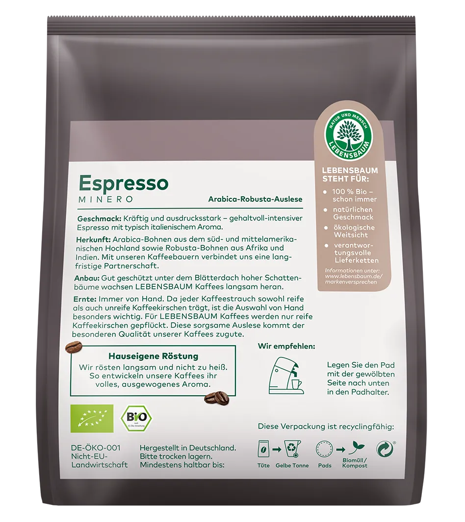 Espresso Minero Bio-Kaffee Pads in grauer Verpackung mit Produktbeschreibung und Lebensbaum-Zertifikat