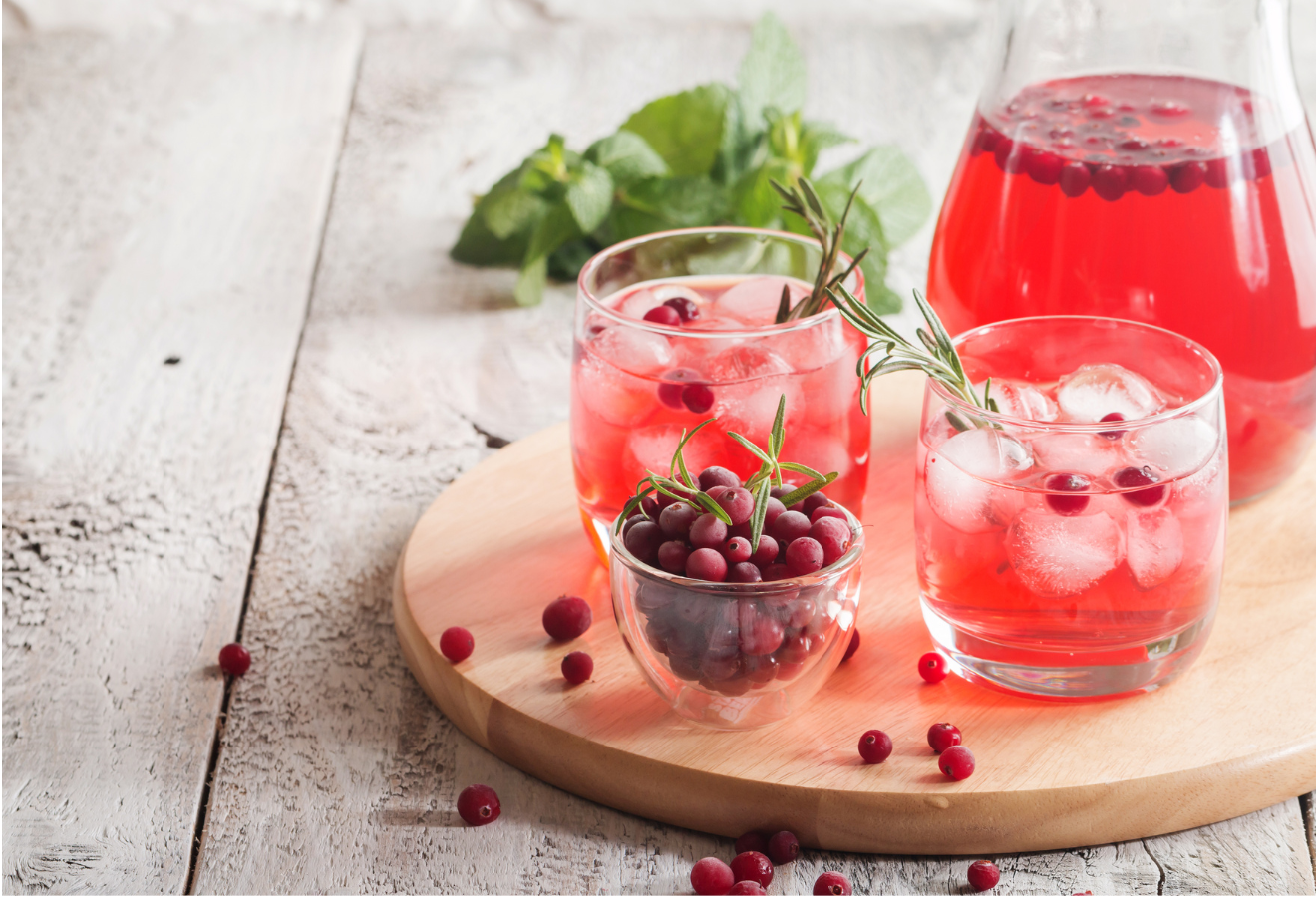 Sanddorn-Cranberry-Eistee in zwei Gläsern, davor eine Schale mit Cranberries