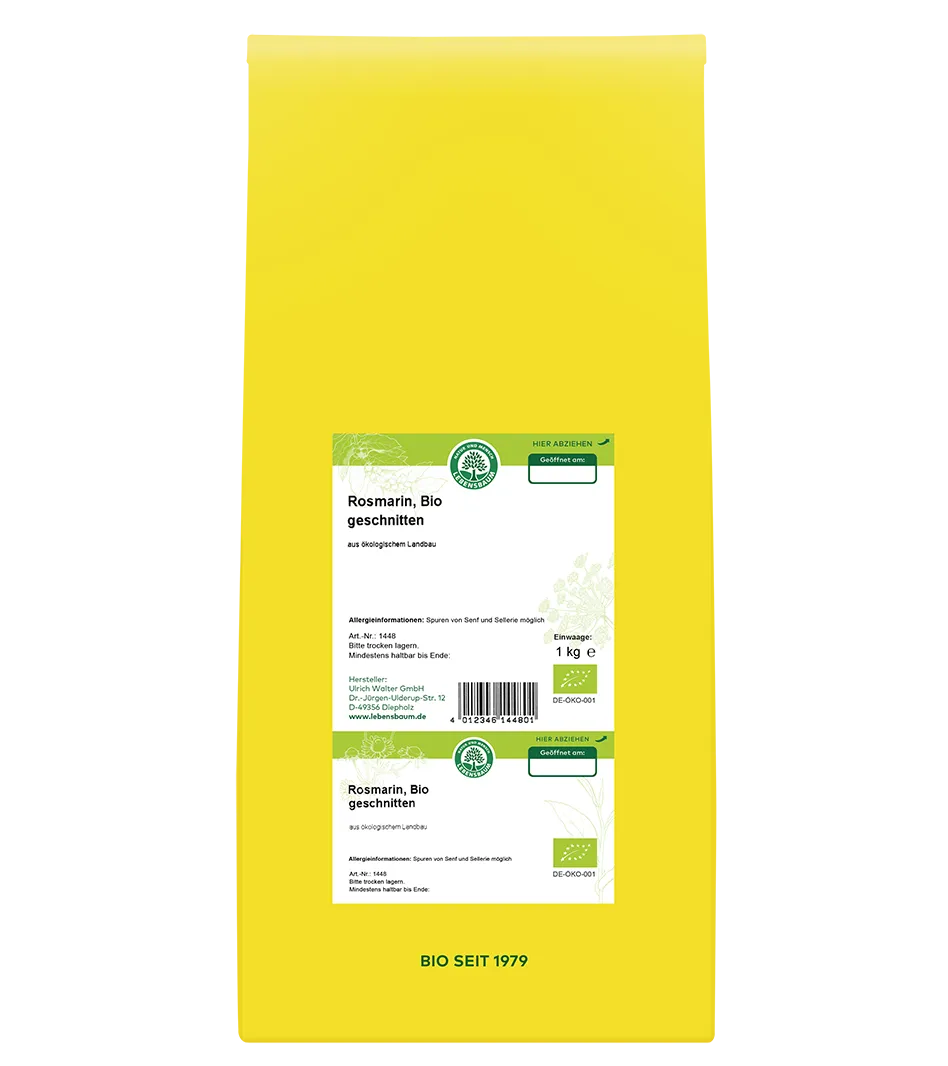 Bio-Rosmarin geschnitten, 1 kg Packung mit gelber Verpackung und Bio-Zertifikat, aus biologischem Landbau