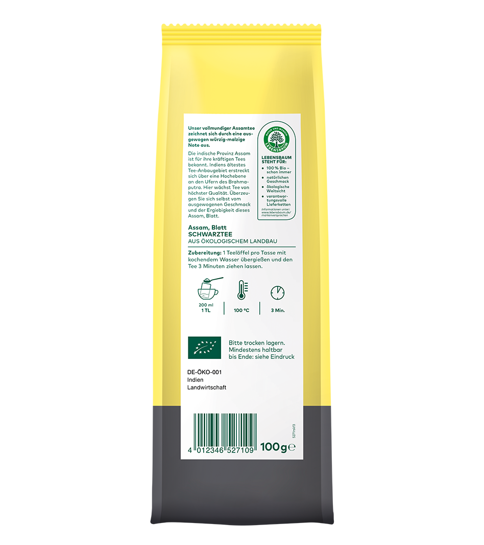 Verpackungsrückseite Assam Blatt, loser Tee