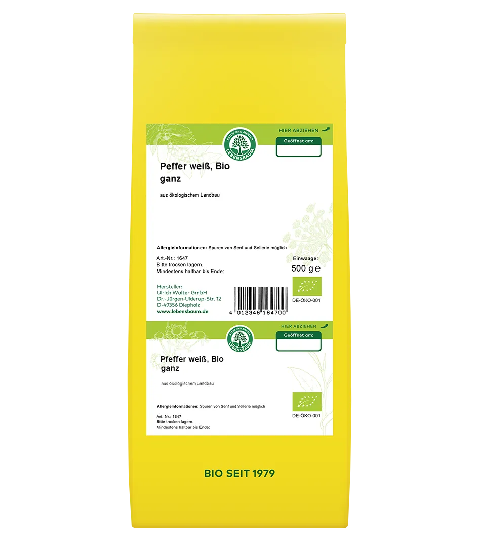 Bio Pfeffer weiß ganz, 500g Packung in leuchtendem Gelb mit grünem Label, Öko-Zertifikat